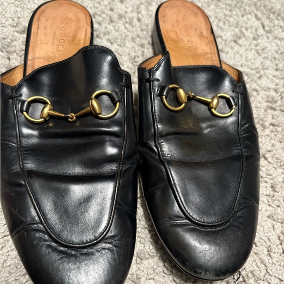 Gucci Black Leather Mules with Gold Accents - Picture 1 of 4